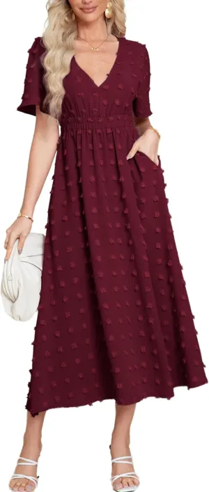 Simplee Womens Boho Maxi Dress Summer Wedding Guest Short Sleeve V Neck Swiss Dot Flowy Dresses