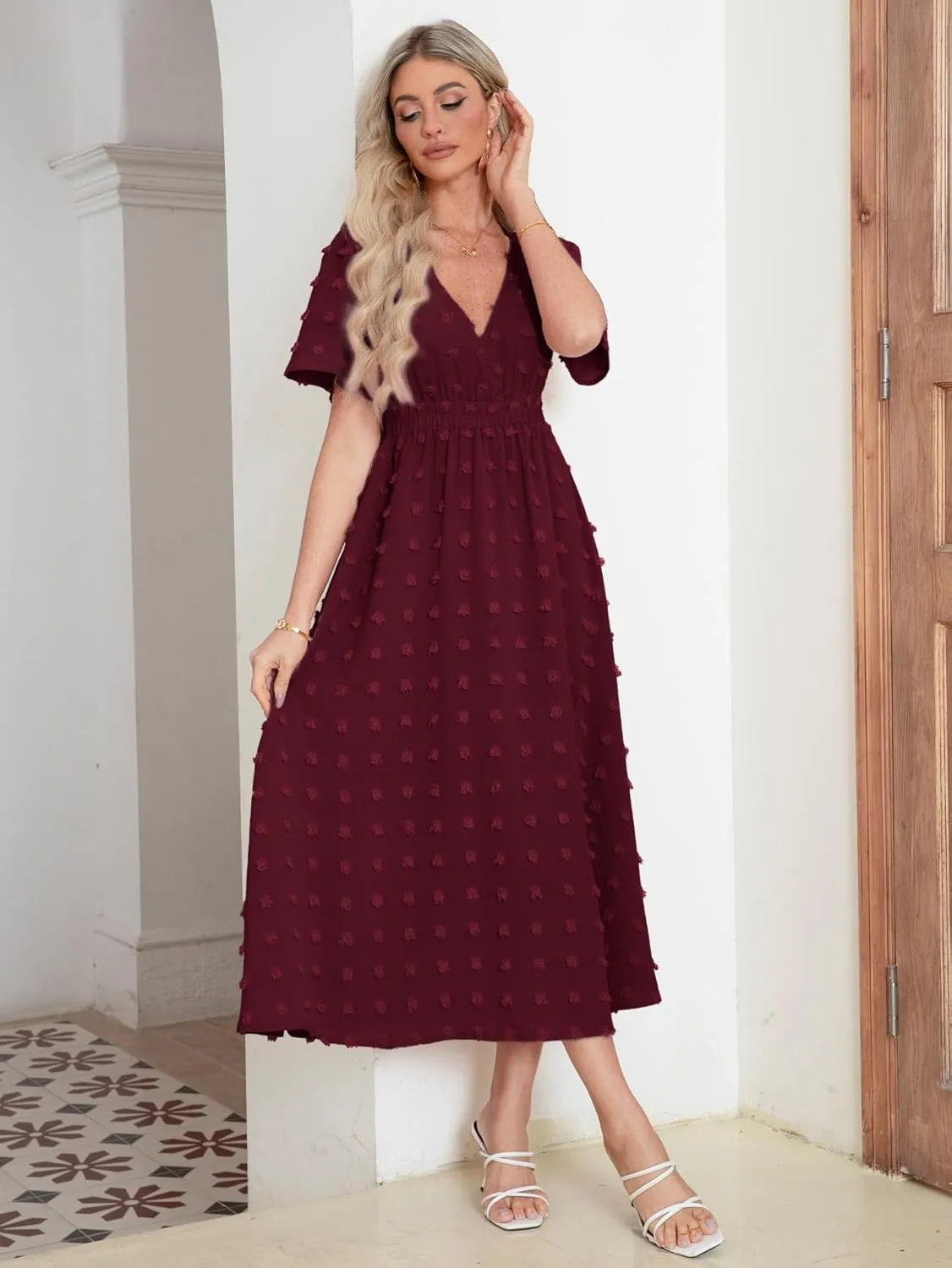 Simplee Womens Boho Maxi Dress Summer Wedding Guest Short Sleeve V Neck Swiss Dot Flowy Dresses