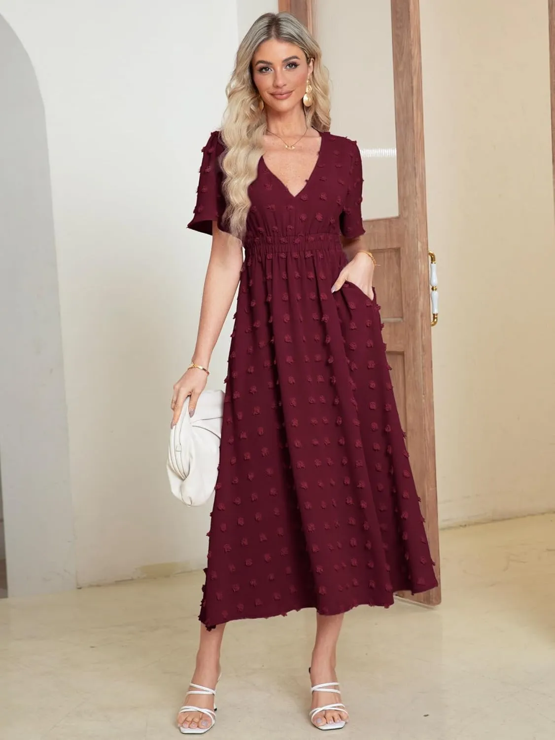 Simplee Womens Boho Maxi Dress Summer Wedding Guest Short Sleeve V Neck Swiss Dot Flowy Dresses