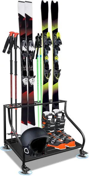 Ski Storage Rack for Garage on Wheels, Floor Stand Ski for Hold Skis*4, Ski Boots, Ski Poles, Helmets & Other Ski Equipment Accessories, Fit for Garage and Anywhere Indoors or Outdoors