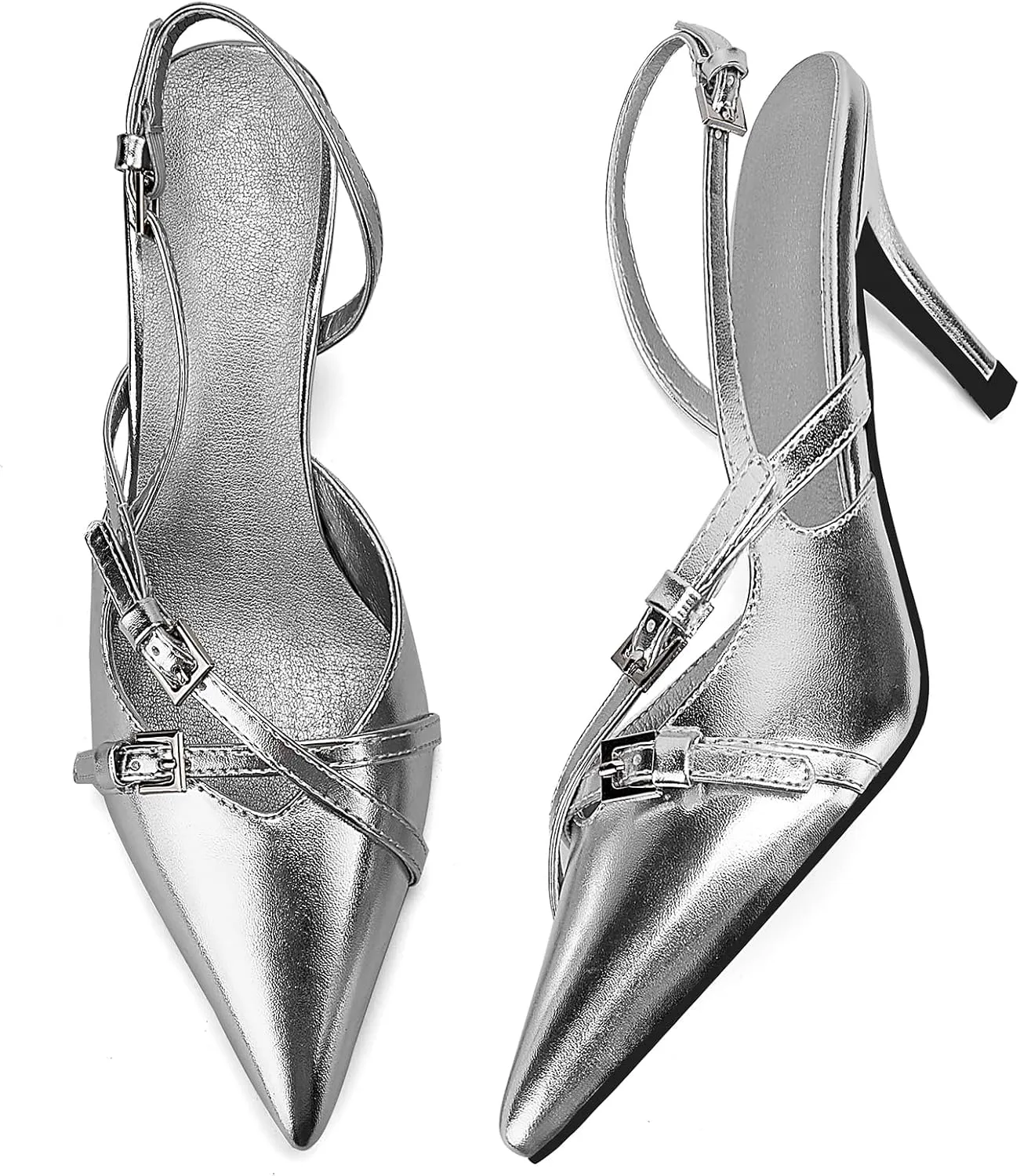 Slingback Heels for Women,Kitten Heels with Pointed Toe Stiletto Heel Sandals Ankle Buckle Strap Shoes