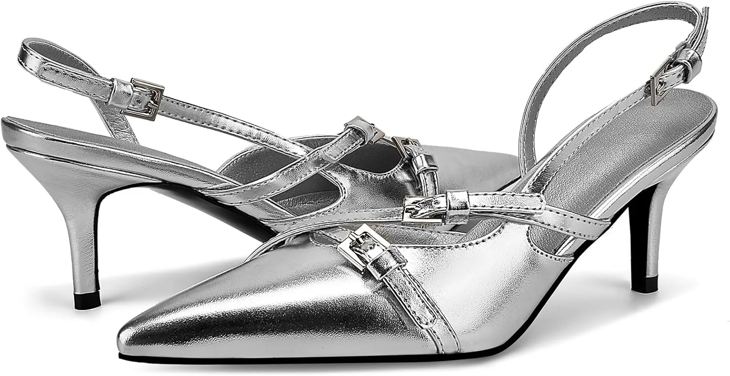 Slingback Heels for Women,Kitten Heels with Pointed Toe Stiletto Heel Sandals Ankle Buckle Strap Shoes