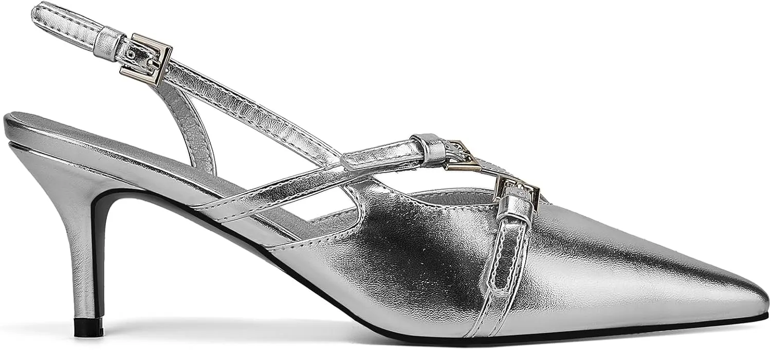 Slingback Heels for Women,Kitten Heels with Pointed Toe Stiletto Heel Sandals Ankle Buckle Strap Shoes