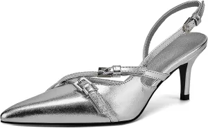 Slingback Heels for Women,Kitten Heels with Pointed Toe Stiletto Heel Sandals Ankle Buckle Strap Shoes