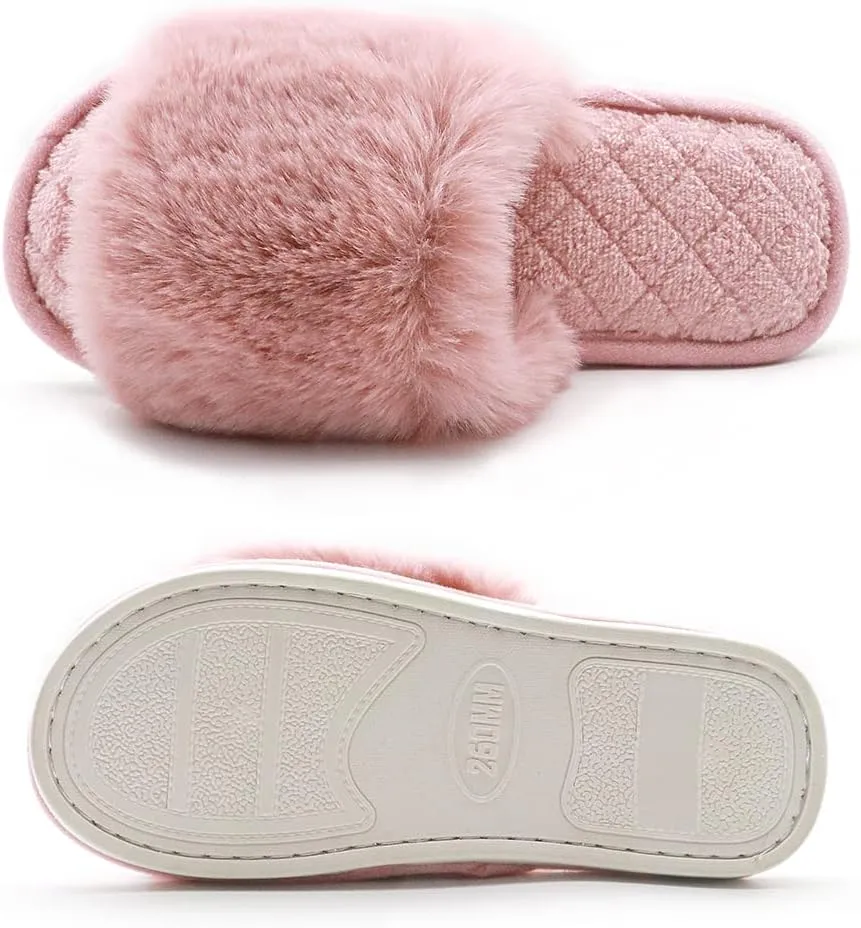 Slippers for Women, Cozy Memory Foam Open Toe House Womens Slippers Shoes Soft Comfy Flat Slide Anti-Slip Fuzzy Furry Faux Fur Sandals for Indoor Outdoor