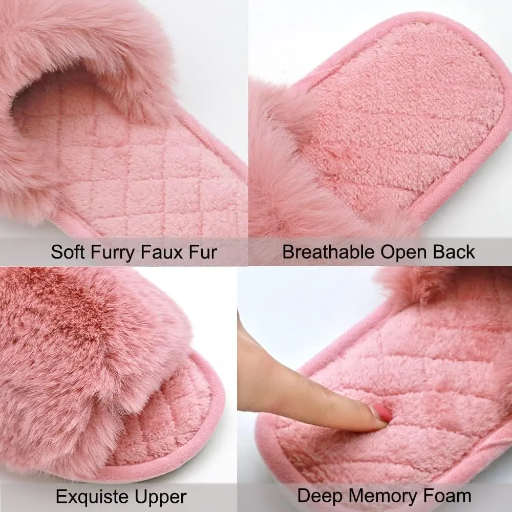 Slippers for Women, Cozy Memory Foam Open Toe House Womens Slippers Shoes Soft Comfy Flat Slide Anti-Slip Fuzzy Furry Faux Fur Sandals for Indoor Outdoor