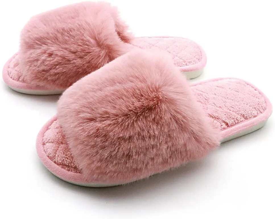 Slippers for Women, Cozy Memory Foam Open Toe House Womens Slippers Shoes Soft Comfy Flat Slide Anti-Slip Fuzzy Furry Faux Fur Sandals for Indoor Outdoor
