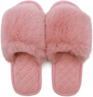 Slippers for Women, Cozy Memory Foam Open Toe House Womens Slippers Shoes Soft Comfy Flat Slide Anti-Slip Fuzzy Furry Faux Fur Sandals for Indoor Outdoor