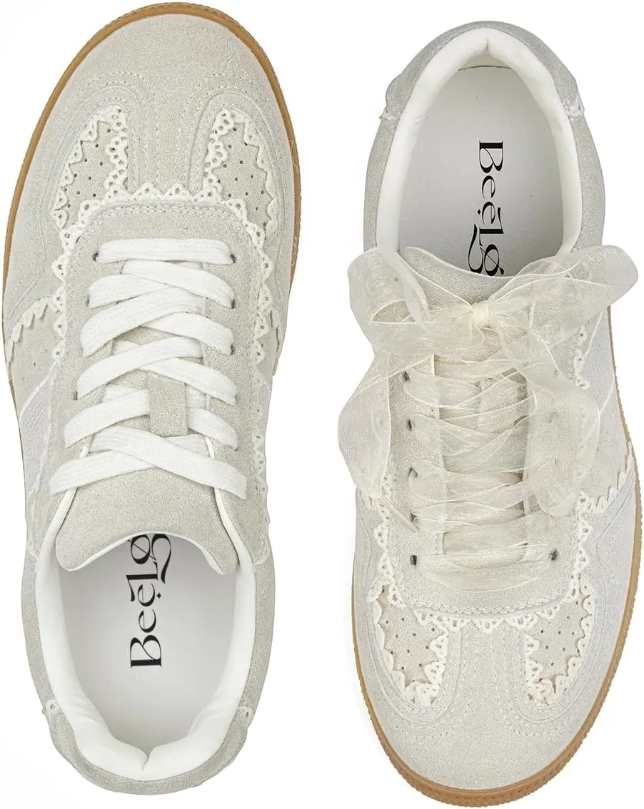 Sneakers for Women Lace Detail – Elegant Ribbon Lace-Up Womens Sneakers with Leather Upper Memory Foam Insole and Non-Slip Casual Shoes for Women Spring Shoes Low Top