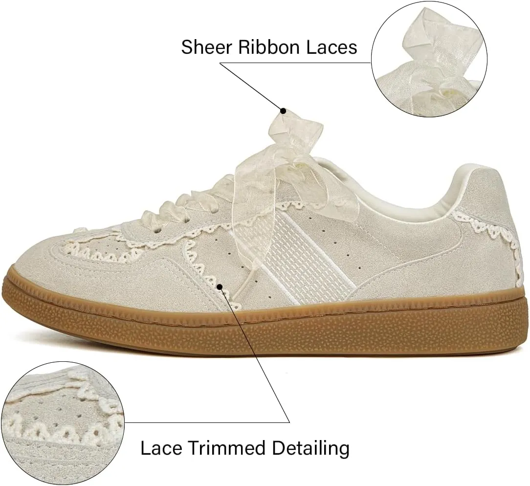 Sneakers for Women Lace Detail – Elegant Ribbon Lace-Up Womens Sneakers with Leather Upper Memory Foam Insole and Non-Slip Casual Shoes for Women Spring Shoes Low Top