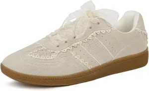 Sneakers for Women Lace Detail – Elegant Ribbon Lace-Up Womens Sneakers with Leather Upper Memory Foam Insole and Non-Slip Casual Shoes for Women Spring Shoes Low Top