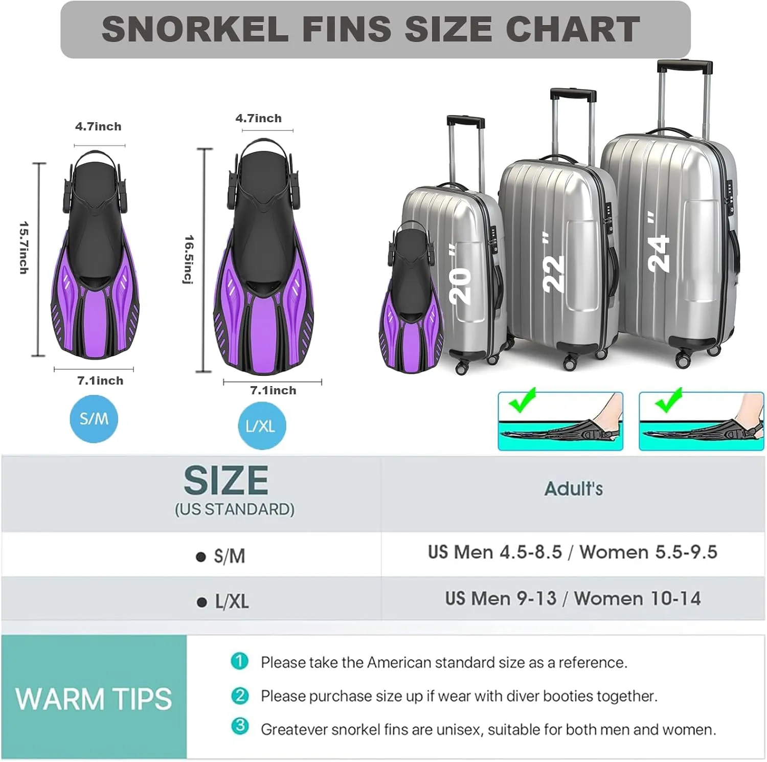 Snorkel Fins Diving Fins Adjustable Buckles Open Heel Swim Flippers Travel Size Short Swim Fins for Snorkeling Diving Swimming Adult Men Womens