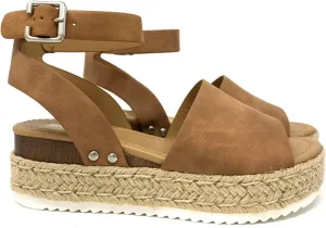Soda Topic Open Toe Buckle Ankle Strap Espadrilles Flatform Wedge Casual Sandal (6.5, Tan)