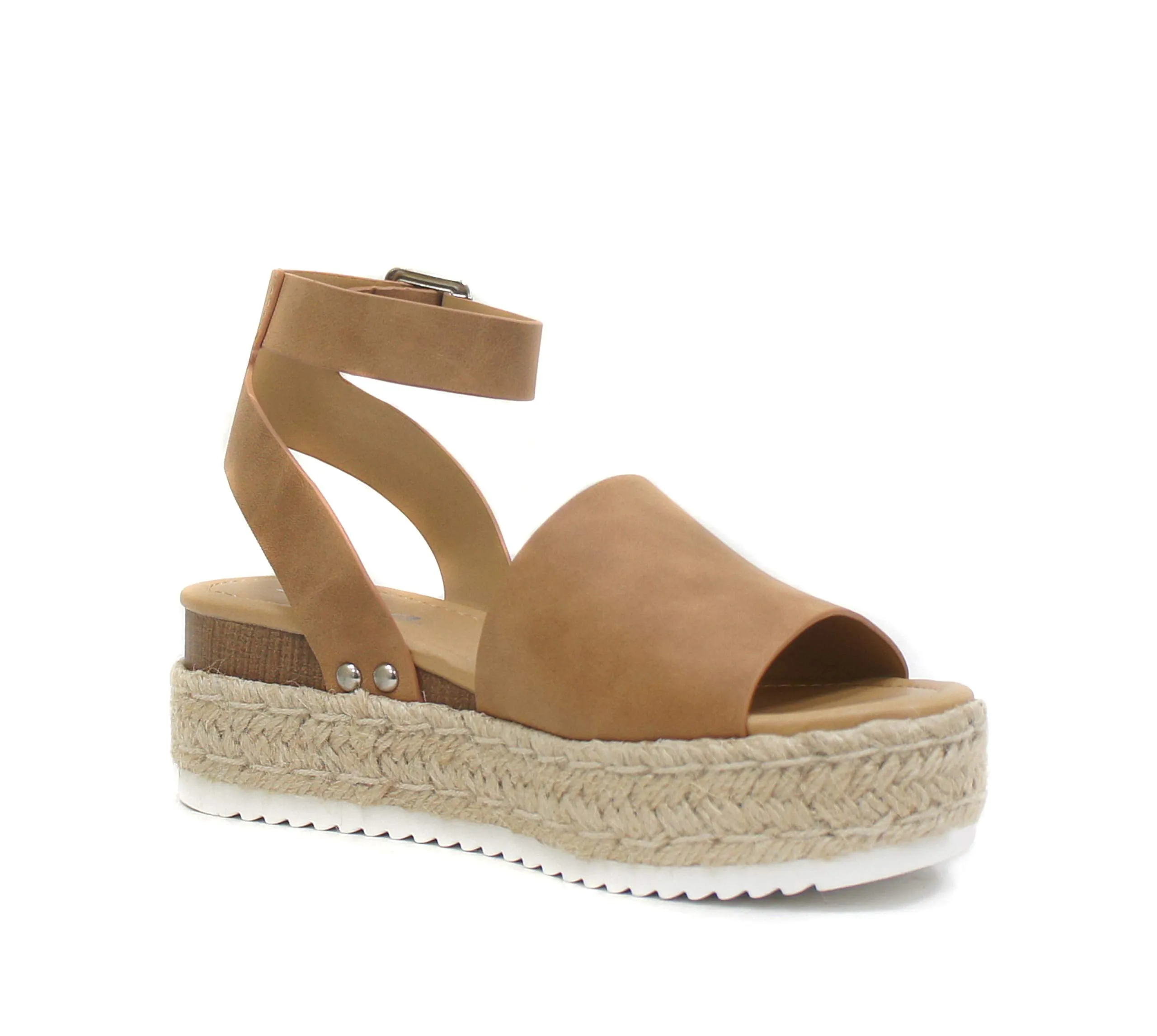Soda Topic Open Toe Buckle Ankle Strap Espadrilles Flatform Wedge Casual Sandal (Tan, us_footwear_size_system, adult, numeric, medium, 5.5)
