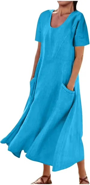 Summer Dresses for Women 2025 Vacation Trendy Short Sleeve Crew Neck Sundress Loose Flowy Beach Linen Maxi Dress