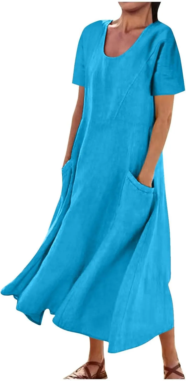Summer Dresses for Women 2025 Vacation Trendy Short Sleeve Crew Neck Sundress Loose Flowy Beach Linen Maxi Dress