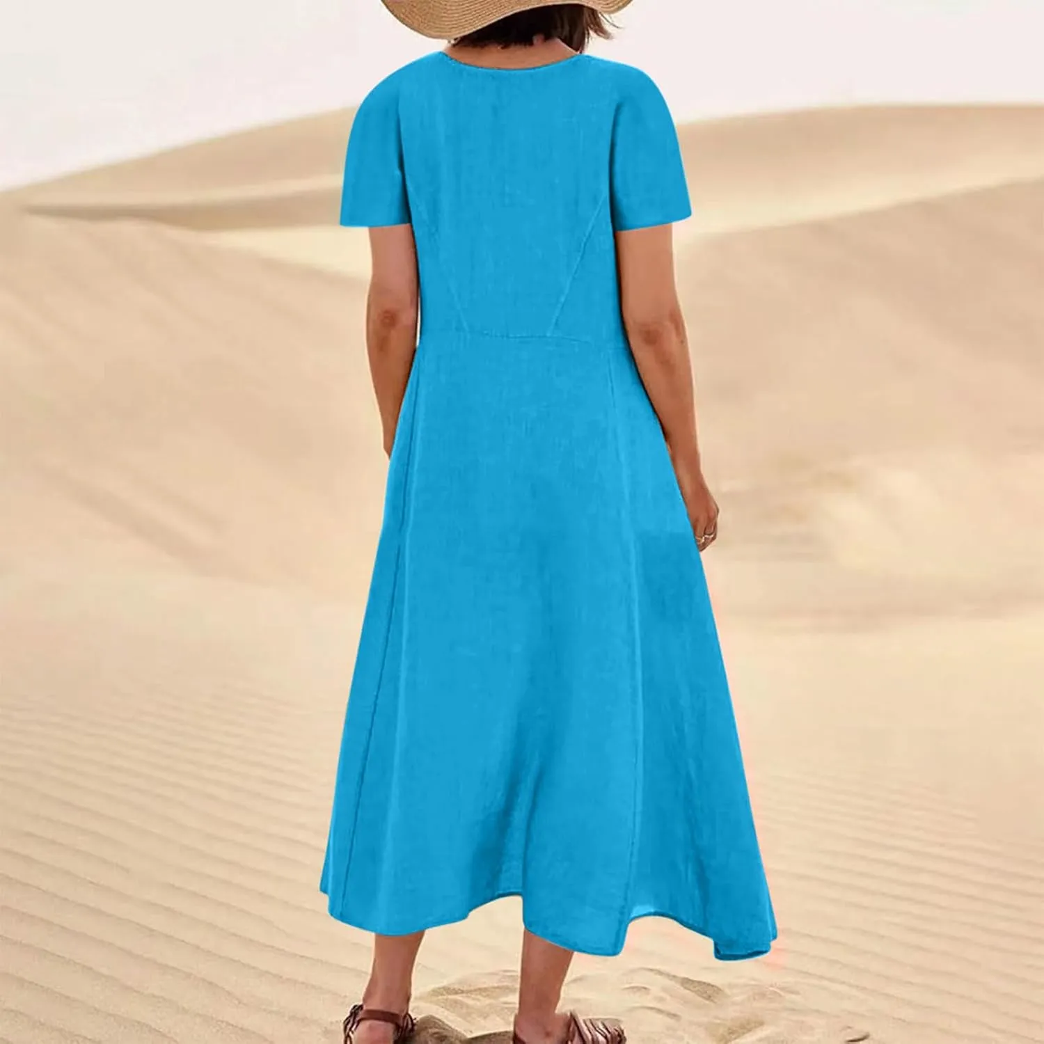Summer Dresses for Women 2025 Vacation Trendy Short Sleeve Crew Neck Sundress Loose Flowy Beach Linen Maxi Dress