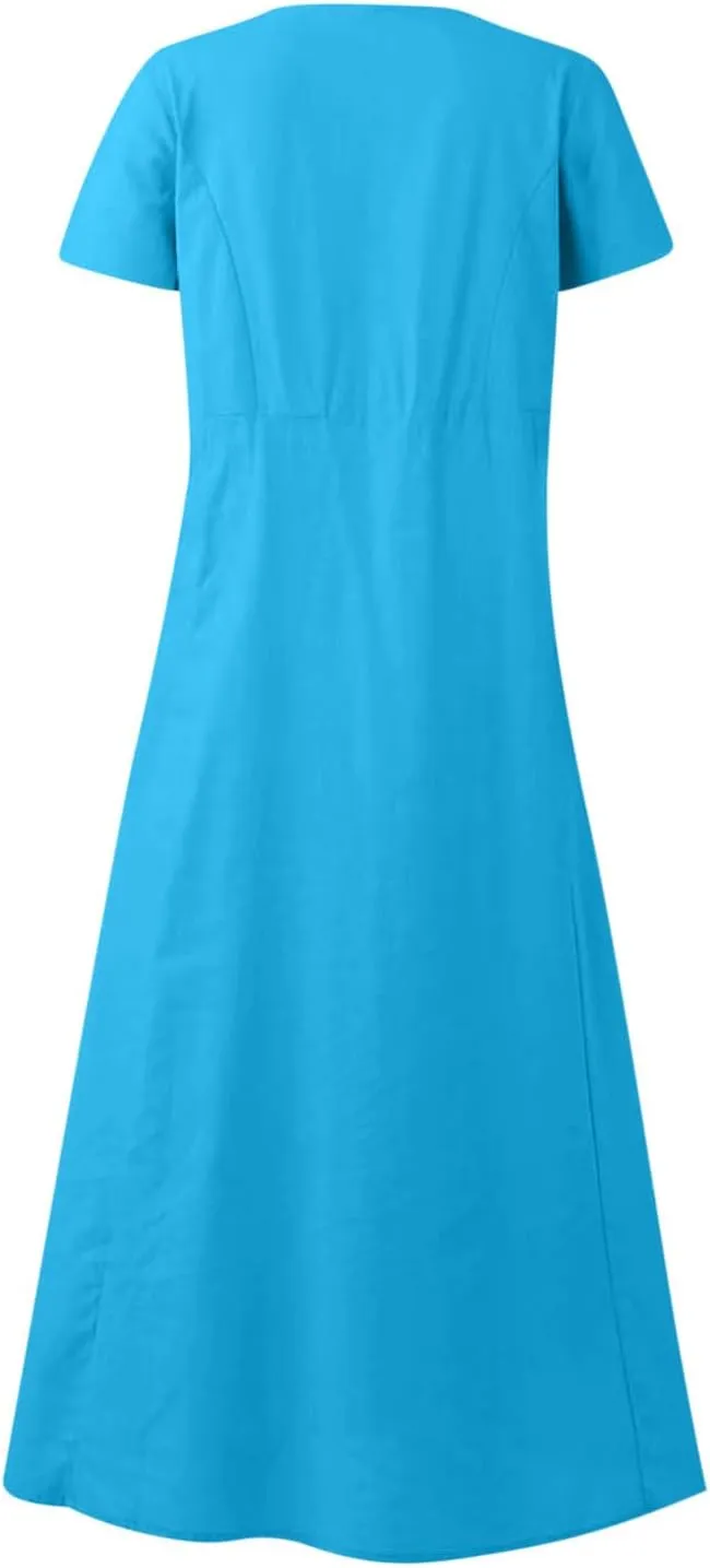 Summer Dresses for Women 2025 Vacation Trendy Short Sleeve Crew Neck Sundress Loose Flowy Beach Linen Maxi Dress