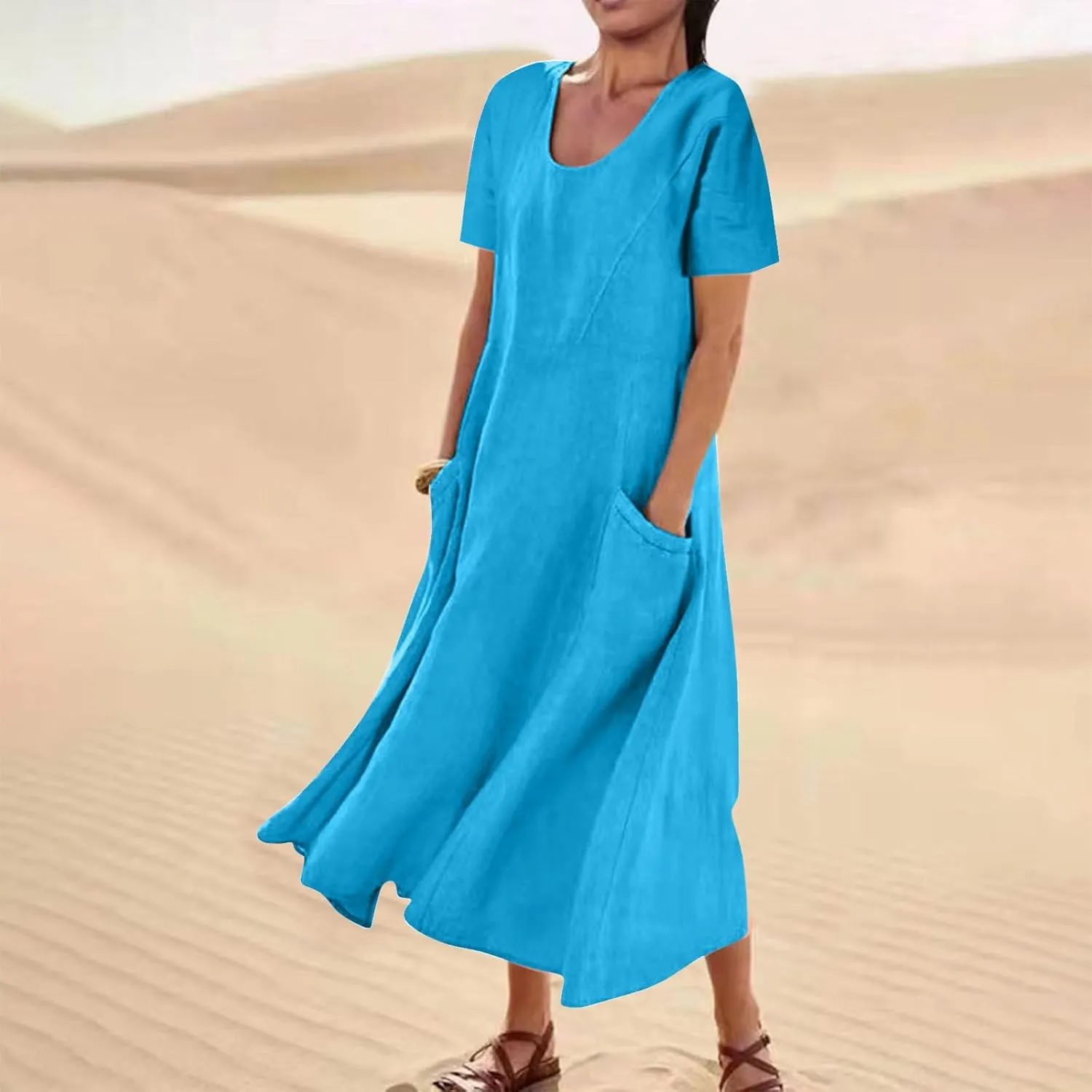 Summer Dresses for Women 2025 Vacation Trendy Short Sleeve Crew Neck Sundress Loose Flowy Beach Linen Maxi Dress