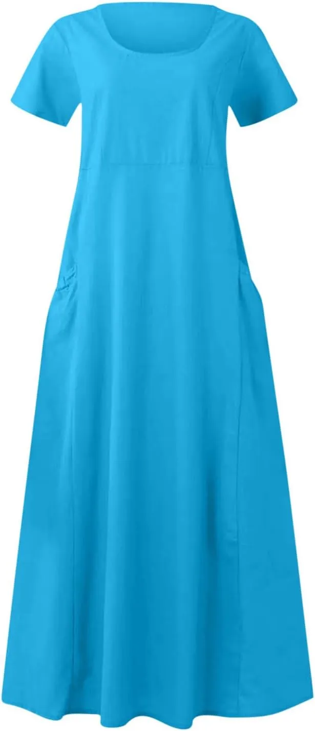 Summer Dresses for Women 2025 Vacation Trendy Short Sleeve Crew Neck Sundress Loose Flowy Beach Linen Maxi Dress
