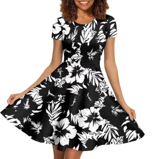 Summer Dresses for Women Beach Travel Short Sleeve Round Neck Flowy Casual Midi Dress
