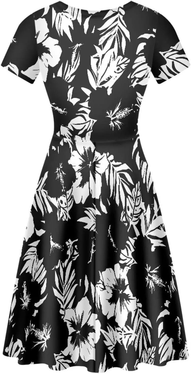 Summer Dresses for Women Beach Travel Short Sleeve Round Neck Flowy Casual Midi Dress