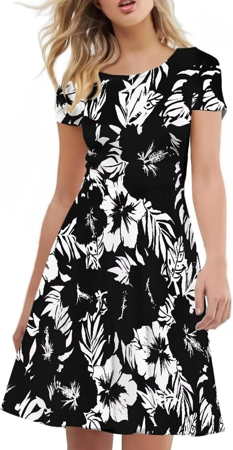Summer Dresses for Women Beach Travel Short Sleeve Round Neck Flowy Casual Midi Dress