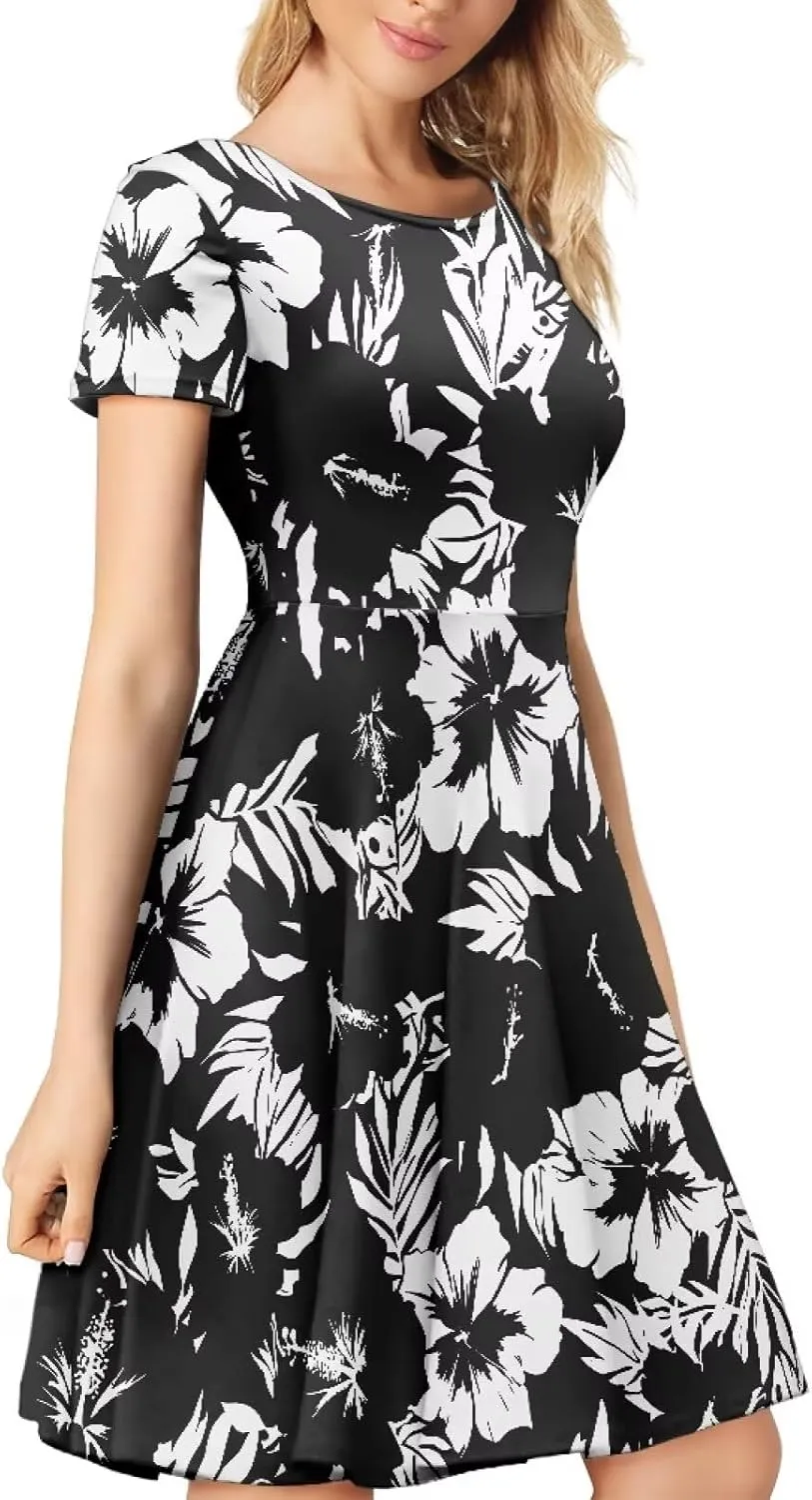 Summer Dresses for Women Beach Travel Short Sleeve Round Neck Flowy Casual Midi Dress