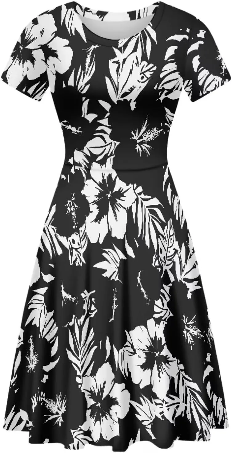 Summer Dresses for Women Beach Travel Short Sleeve Round Neck Flowy Casual Midi Dress