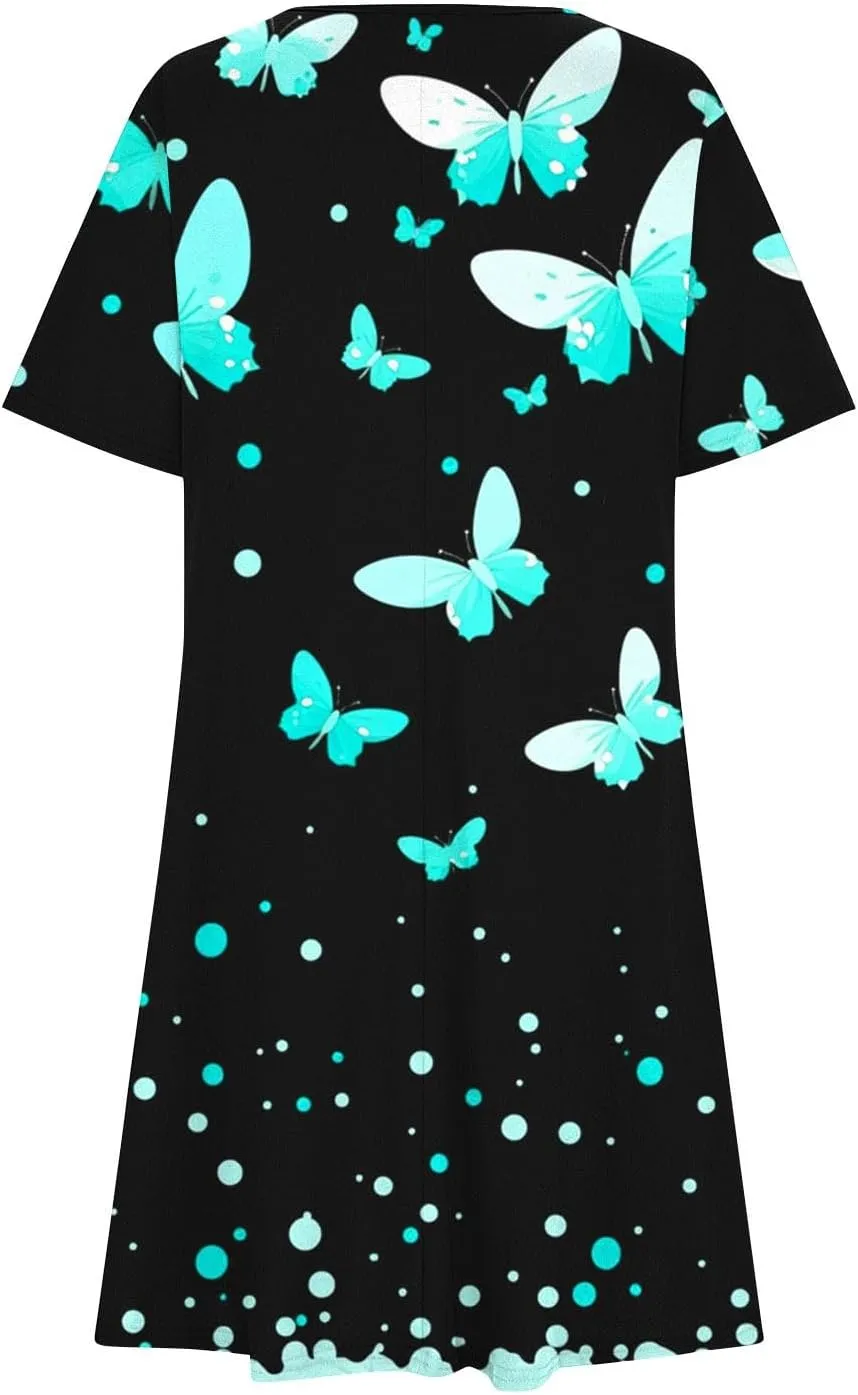 Sundresses for Women 2025 Summer Crewneck Short Sleeve Midi Dresses Casual Vacation Vintage Printed Boho Dresses