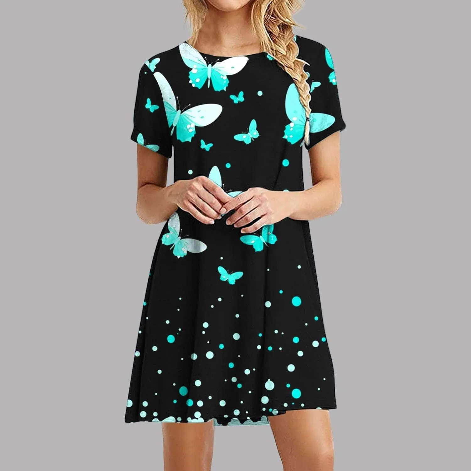 Sundresses for Women 2025 Summer Crewneck Short Sleeve Midi Dresses Casual Vacation Vintage Printed Boho Dresses