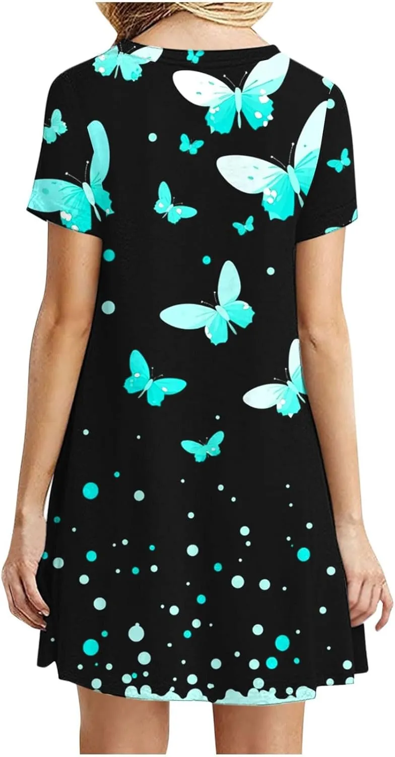 Sundresses for Women 2025 Summer Crewneck Short Sleeve Midi Dresses Casual Vacation Vintage Printed Boho Dresses