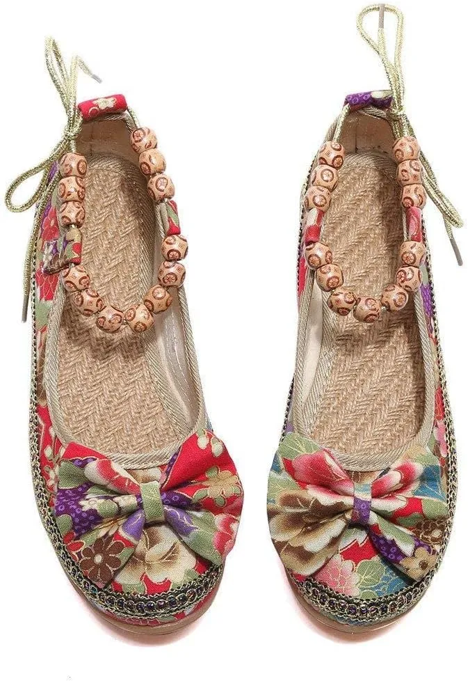 TangDao Women's Retro Women Ethnic Beading Round Toe Floral Embroidered Shoes Women Lace Up Casual Ballet Flats Shoes
