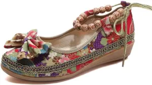 TangDao Women's Retro Women Ethnic Beading Round Toe Floral Embroidered Shoes Women Lace Up Casual Ballet Flats Shoes