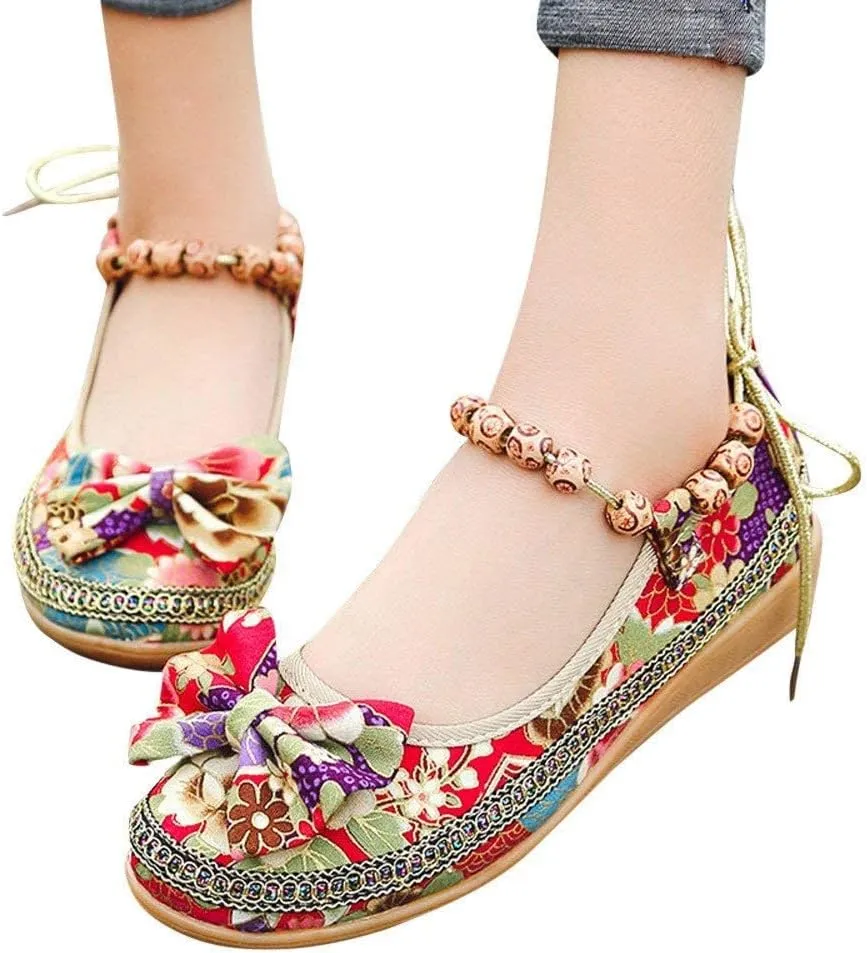TangDao Women's Retro Women Ethnic Beading Round Toe Floral Embroidered Shoes Women Lace Up Casual Ballet Flats Shoes