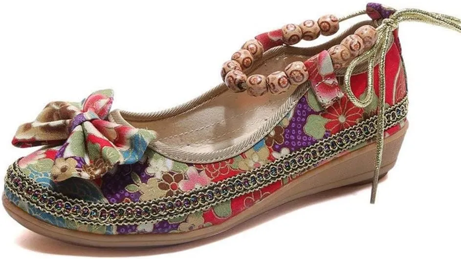 TangDao Women's Retro Women Ethnic Beading Round Toe Floral Embroidered Shoes Women Lace Up Casual Ballet Flats Shoes