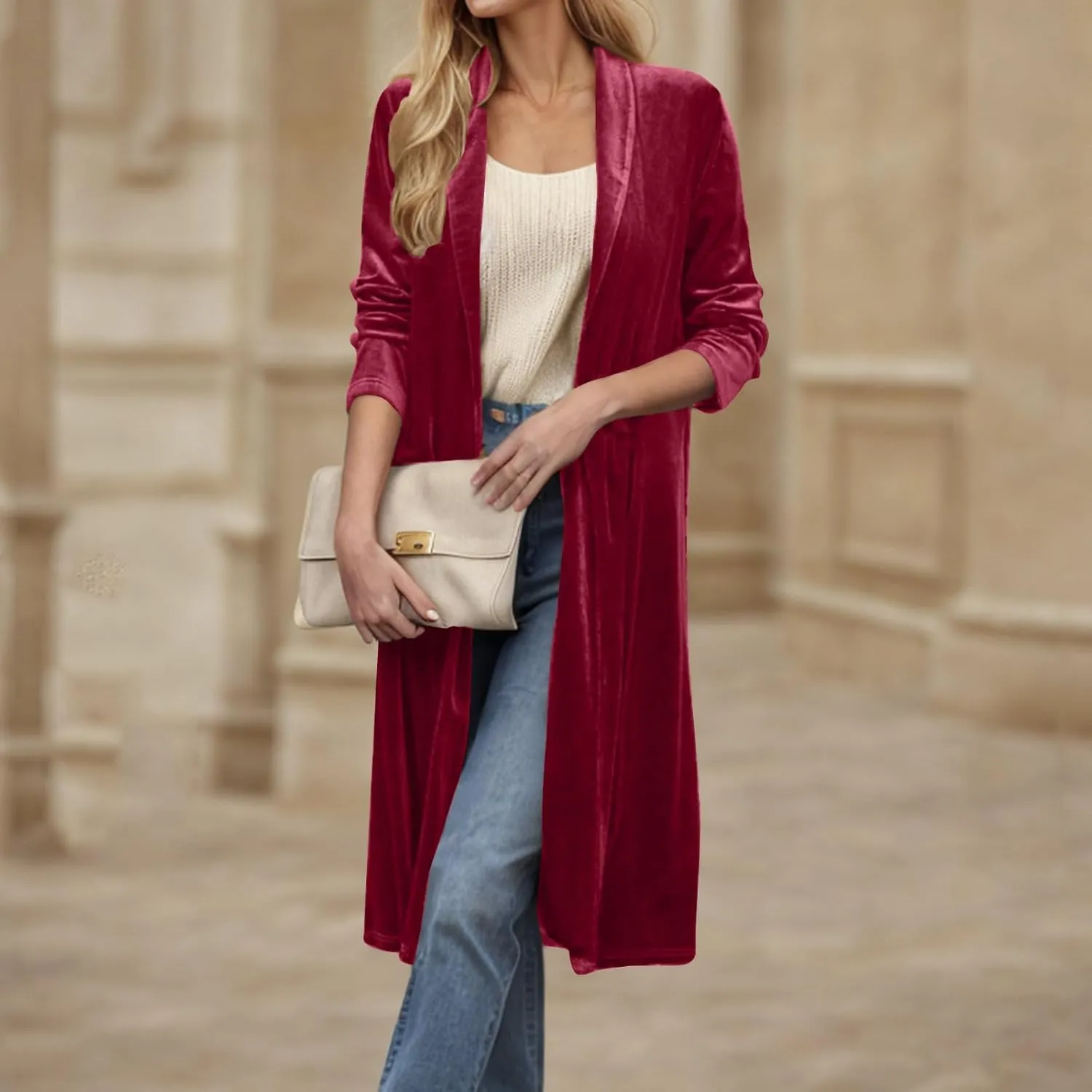 TANGNADE Velvet Cardigan Jackets for Women Long Lapel Collar Open Front Elegant Velour Blazer Cardigan Trench Coat
