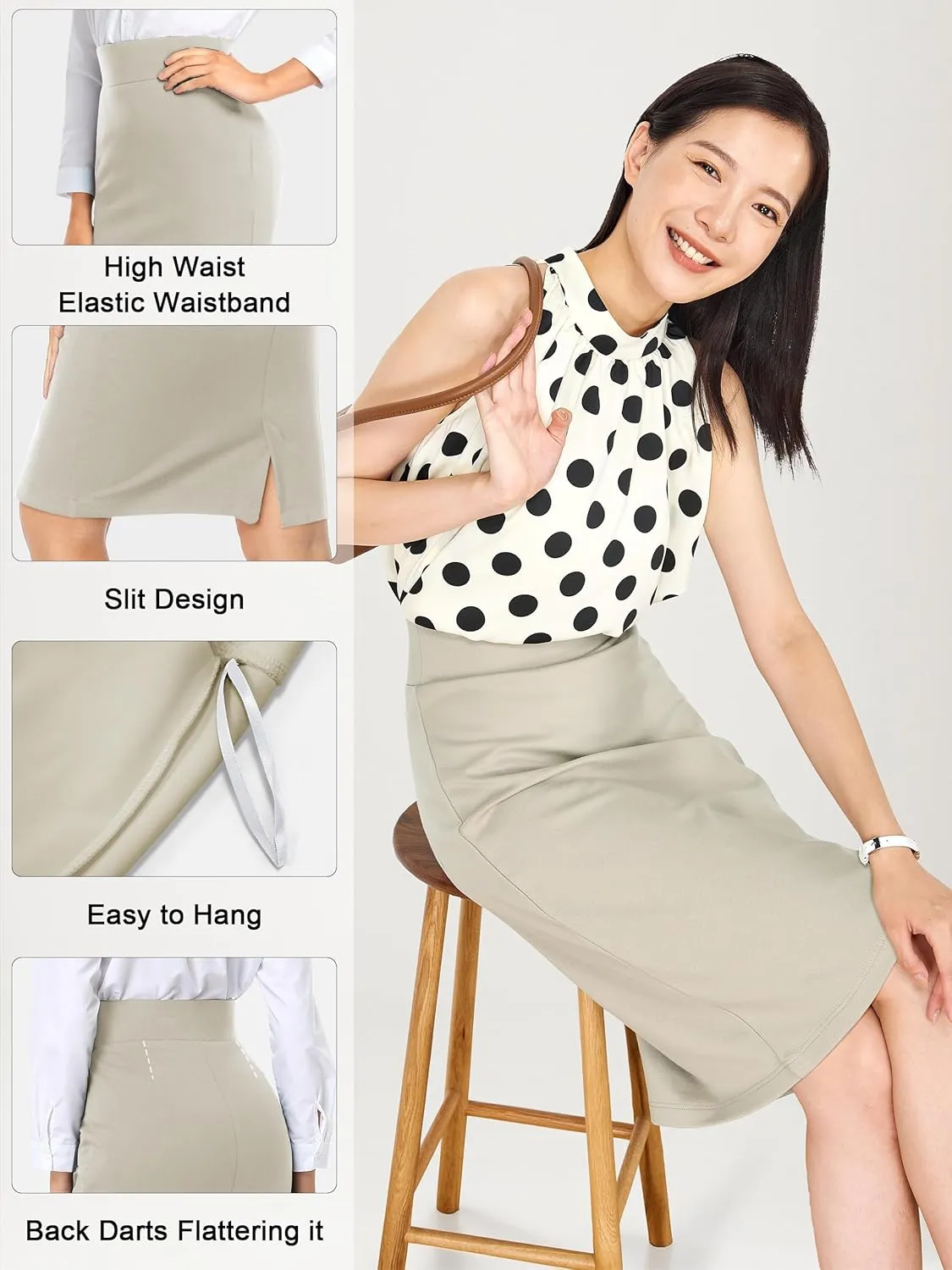Tapata Womens Pencil Skirts Stretch Office Work Skirt Knee Length High Waist Midi Ponte Bodycon for Business Casual