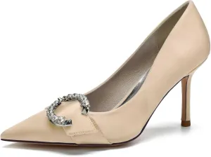 TarfiC Satin Wedding Shoes Closed Toe Slip On Rhinestone Bridal Shoes Women Mary Jane Low Heels Pumps Wedding Dress Shoes