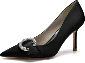 TarfiC Satin Wedding Shoes Closed Toe Slip On Rhinestone Bridal Shoes Women Mary Jane Low Heels Pumps Wedding Dress Shoes