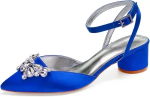 TarfiC Wedding Shoes for Bride Low Heel Women Bridal Shoes Closed Toe Rhinestones Pointed Toe Block Heels Buckle Satin Wedding Bridal Court Shoes