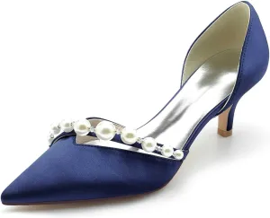 TarfiC Women's Heels for Women,Satin Low Heels,Ivory Heels,Pearl High Heel Closed Pointed Toe Pumps Dress Wedding Shoes for Women