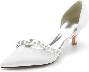 TarfiC Women's Heels for Women,Satin Low Heels,Ivory Heels,Pearl High Heel Closed Pointed Toe Pumps Dress Wedding Shoes for Women
