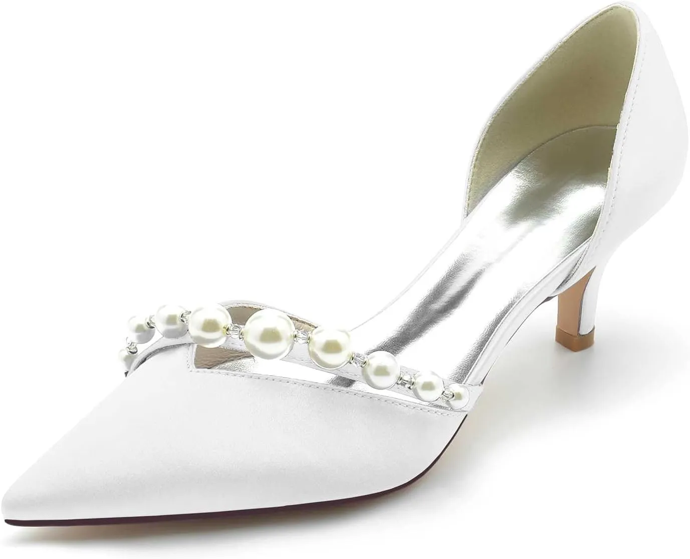 TarfiC Women's Heels for Women,Satin Low Heels,Ivory Heels,Pearl High Heel Closed Pointed Toe Pumps Dress Wedding Shoes for Women