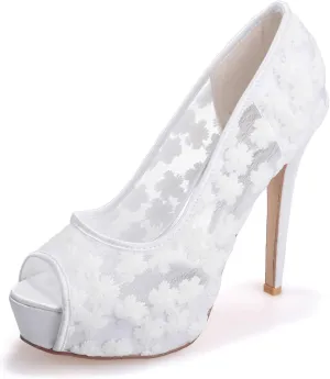 TarfiC Women's Lace Bridal High Heel Peep Toe Sandals, Satin Lace Open Toe Cover Dress Pump, Lace High Heel, Fish Mouth Shoes, Hollow Stitching High Heels