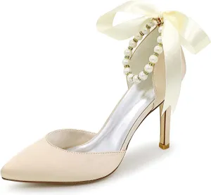 TarfiC Women's Platform Satin High Heels Pumps Closed Toe Pearl Strap Ankle Strap Shoes for Casual Work Wedding Dress Shoes