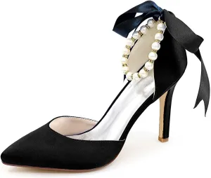 TarfiC Women's Platform Satin High Heels Pumps Closed Toe Pearl Strap Ankle Strap Shoes for Casual Work Wedding Dress Shoes