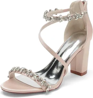 TarfiC Women's White Wedding Shoes for Bride High Heels Rhinestones Zipper Round Toe Bridal Shoes Satin Prom Party Dress Pumps Sandals