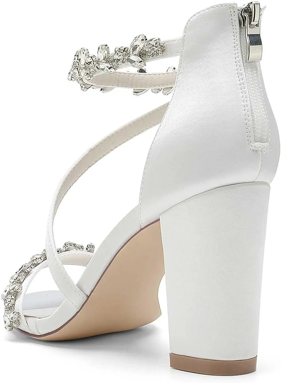 TarfiC Women's White Wedding Shoes for Bride High Heels Rhinestones Zipper Round Toe Bridal Shoes Satin Prom Party Dress Pumps Sandals