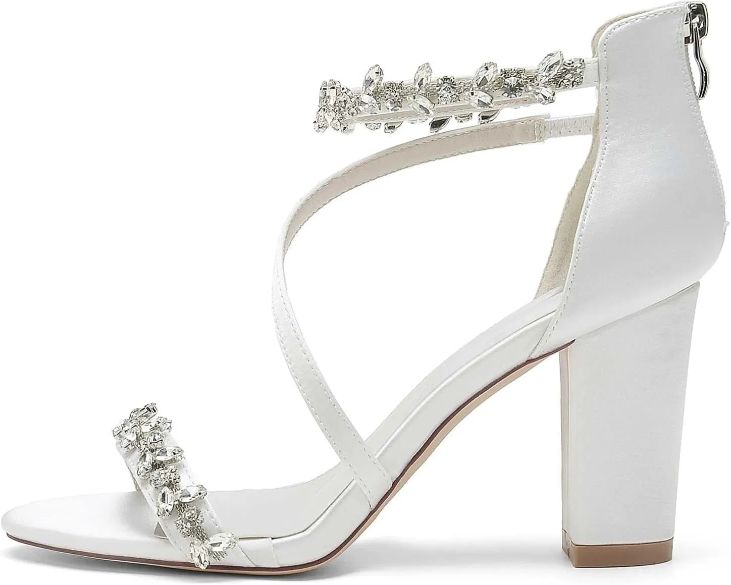 TarfiC Women's White Wedding Shoes for Bride High Heels Rhinestones Zipper Round Toe Bridal Shoes Satin Prom Party Dress Pumps Sandals